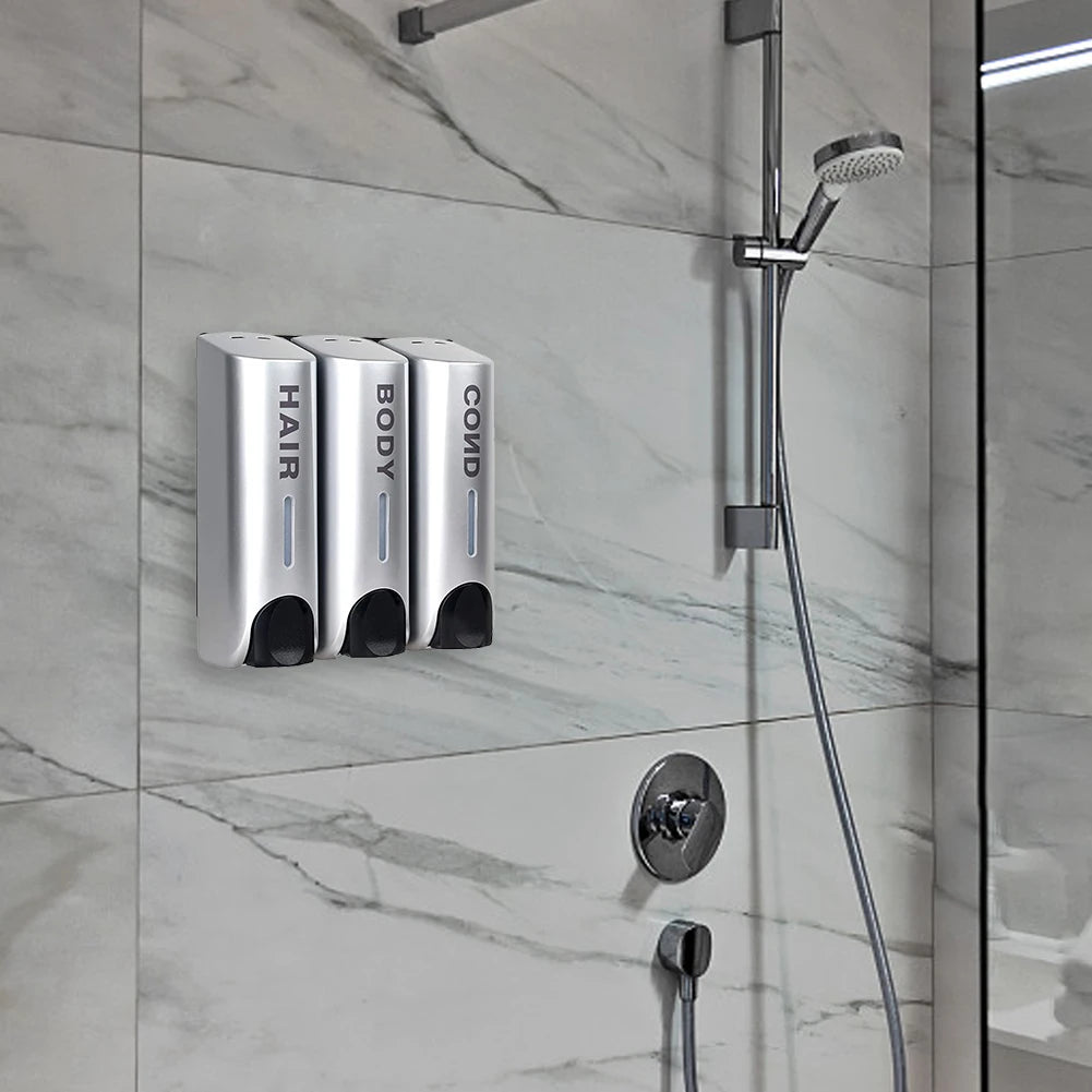 Luxury Bath Accessories: Wall-Mount Triple Soap Dispenser (350ml Each) for Shower, Bath, and Shampoo – Stylish Liquid Soap Container for Home Bathrooms