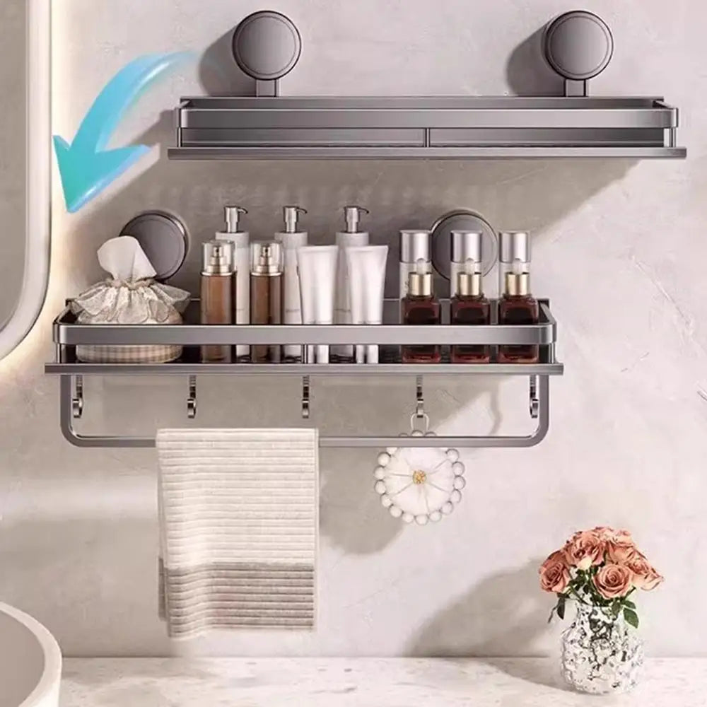 Rustproof Wall-Mounted Shower Caddy – Heavy-Duty Bathroom Organizer with Suction Cups, Floating Shelf & Towel Hooks