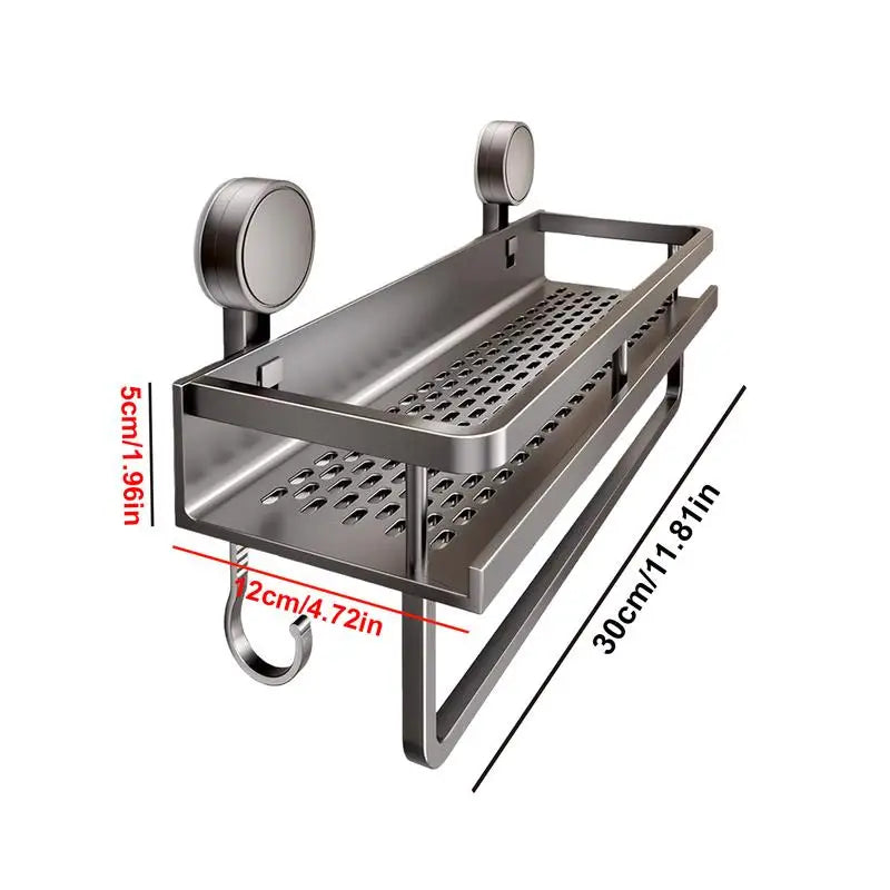 Rustproof Wall-Mounted Shower Caddy – Heavy-Duty Bathroom Organizer with Suction Cups, Floating Shelf & Towel Hooks
