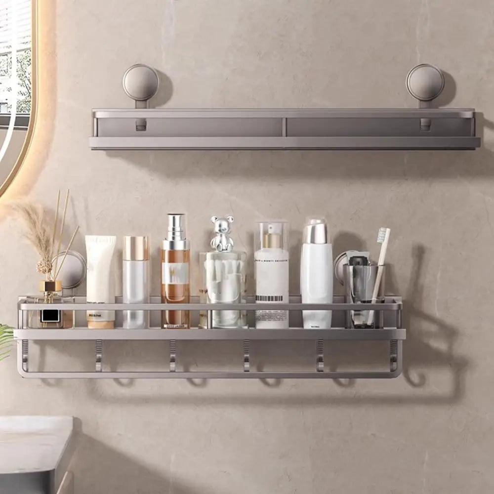 Rustproof Wall-Mounted Shower Caddy – Heavy-Duty Bathroom Organizer with Suction Cups, Floating Shelf & Towel Hooks