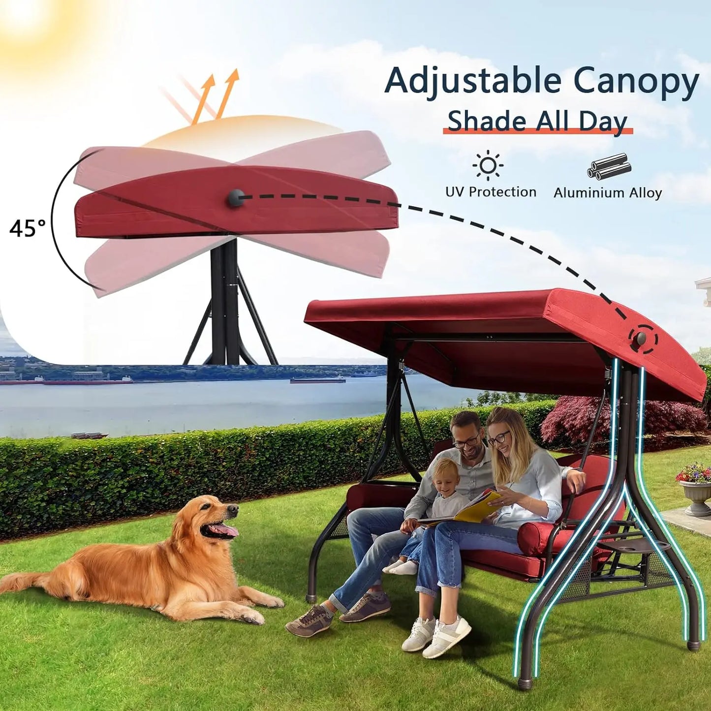 NOBLEMOOD Patio Porch Swing – 3-Seater Outdoor Swing featuring an Adjustable Canopy , patio swing Cushions, and Foldable Side Trays in Khaki ,