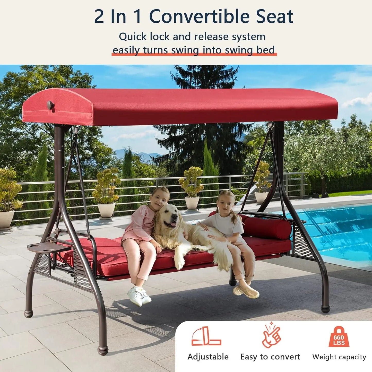 NOBLEMOOD Patio Porch Swing – 3-Seater Outdoor Swing featuring an Adjustable Canopy , patio swing Cushions, and Foldable Side Trays in Khaki ,