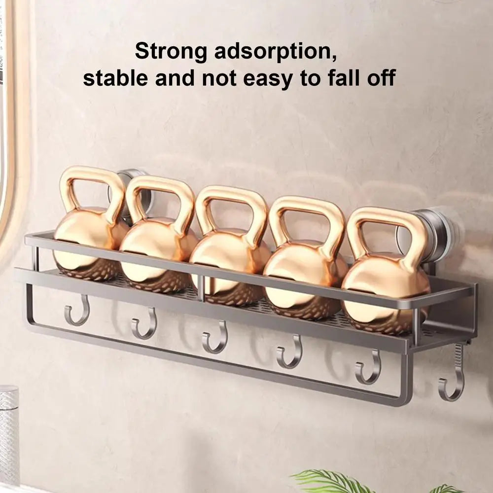 Rustproof Wall-Mounted Shower Caddy – Heavy-Duty Bathroom Organizer with Suction Cups, Floating Shelf & Towel Hooks
