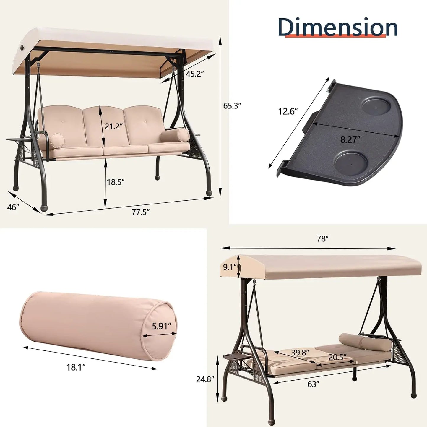 NOBLEMOOD Patio Porch Swing – 3-Seater Outdoor Swing featuring an Adjustable Canopy , patio swing Cushions, and Foldable Side Trays in Khaki ,