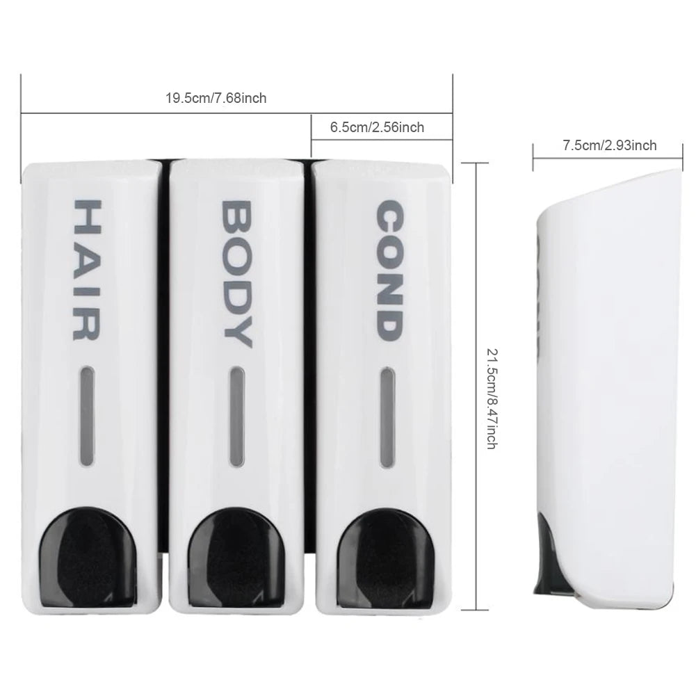 Luxury Bath Accessories: Wall-Mount Triple Soap Dispenser (350ml Each) for Shower, Bath, and Shampoo – Stylish Liquid Soap Container for Home Bathrooms