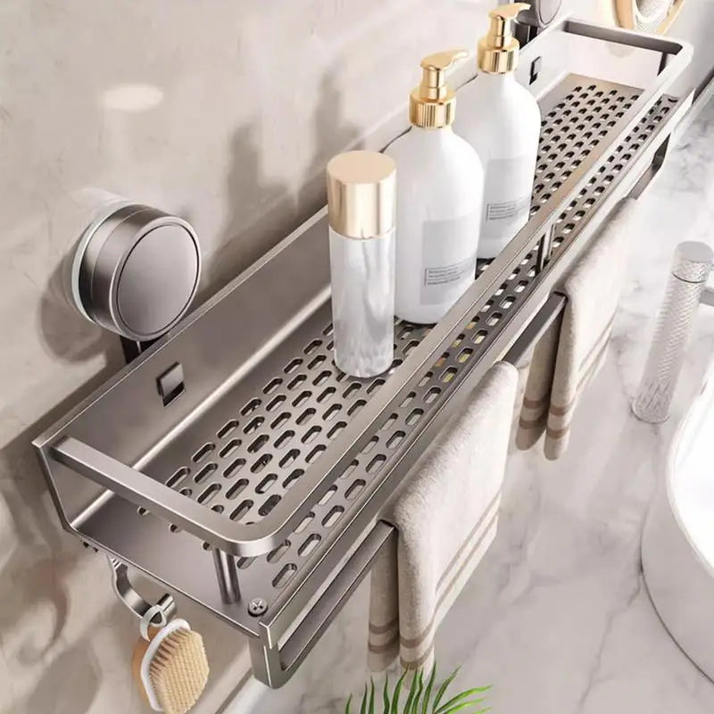 Rustproof Wall-Mounted Shower Caddy – Heavy-Duty Bathroom Organizer with Suction Cups, Floating Shelf & Towel Hooks