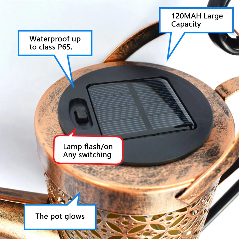 Vintage Metal Kettle Solar Watering Can Light, IP65 Waterproof Outdoor Pathway Light for Lawn, Walkway, and Yard Decoration