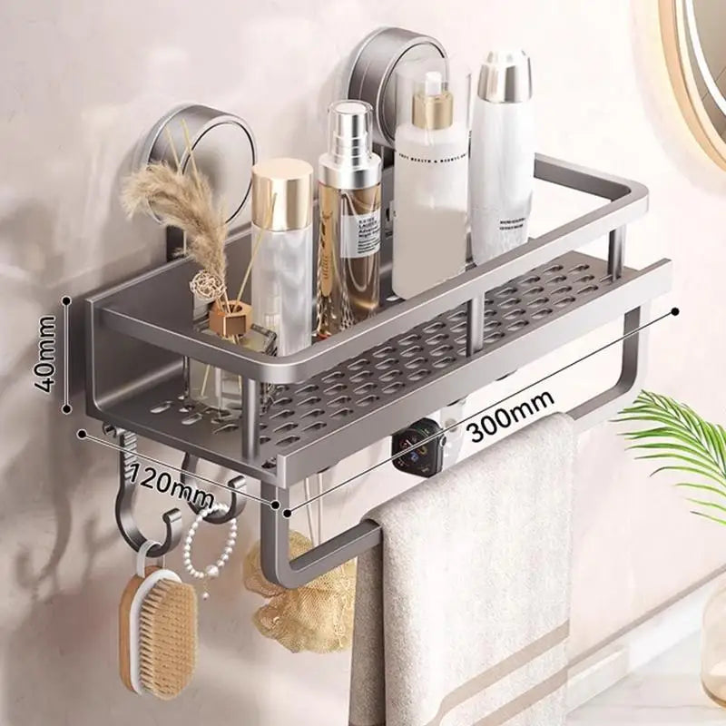 Rustproof Wall-Mounted Shower Caddy – Heavy-Duty Bathroom Organizer with Suction Cups, Floating Shelf & Towel Hooks