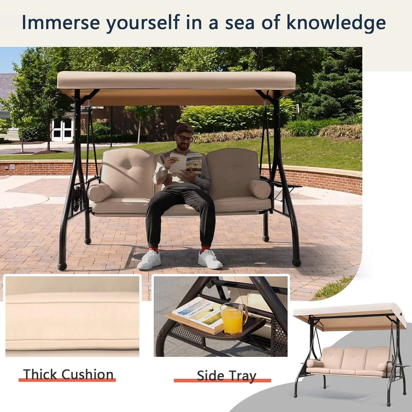 NOBLEMOOD Patio Porch Swing – 3-Seater Outdoor Swing featuring an Adjustable Canopy , patio swing Cushions, and Foldable Side Trays in Khaki ,