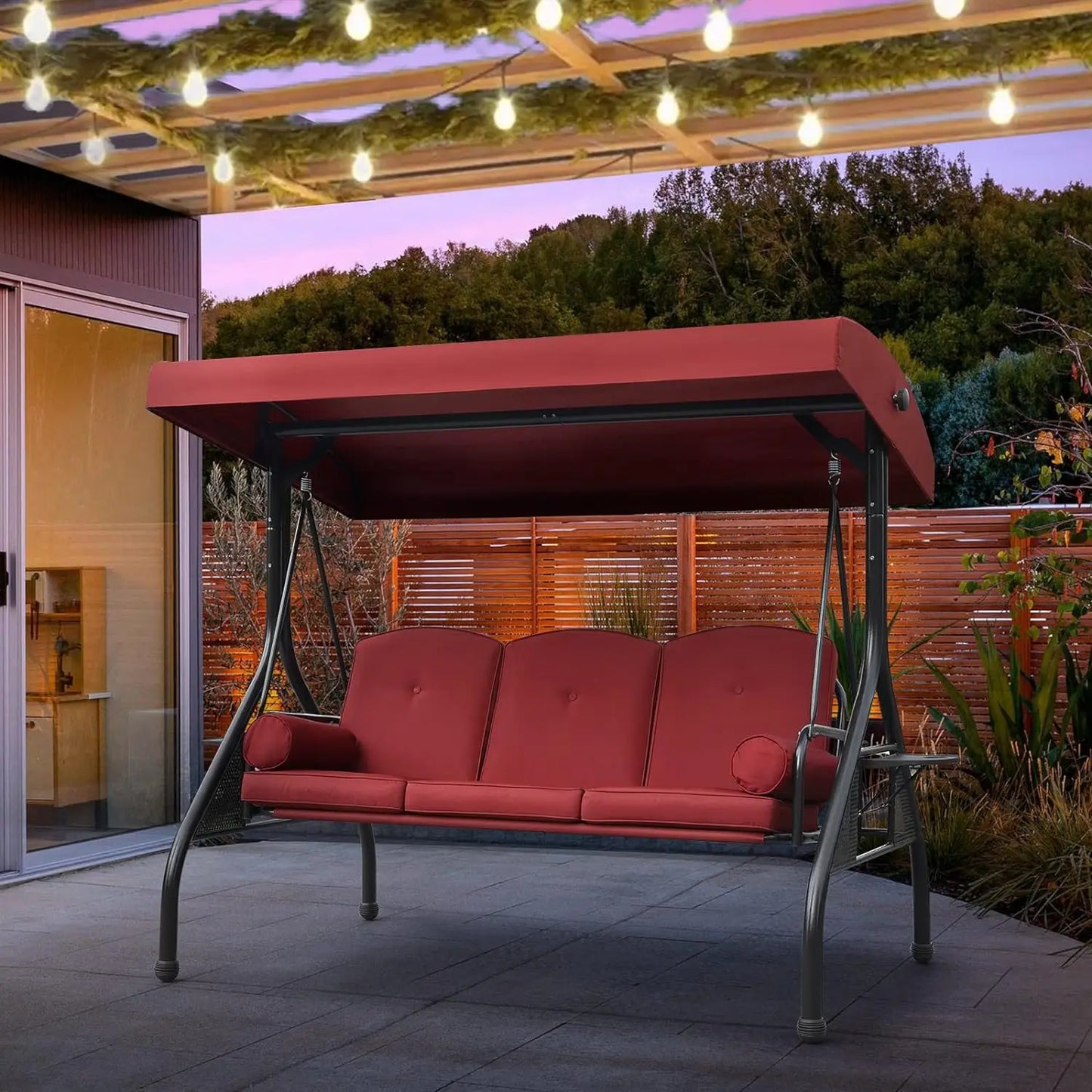 NOBLEMOOD Patio Porch Swing – 3-Seater Outdoor Swing featuring an Adjustable Canopy , patio swing Cushions, and Foldable Side Trays in Khaki ,