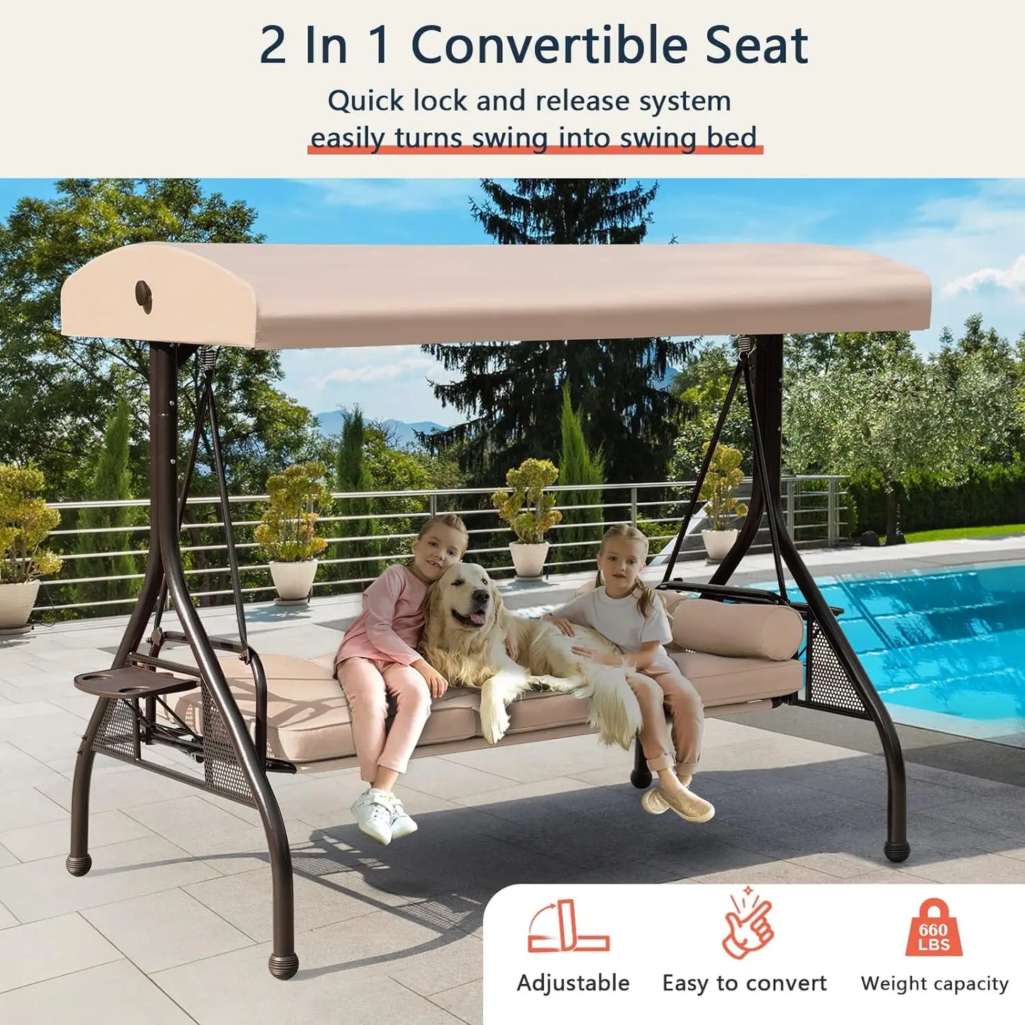 NOBLEMOOD Patio Porch Swing – 3-Seater Outdoor Swing featuring an Adjustable Canopy , patio swing Cushions, and Foldable Side Trays in Khaki ,