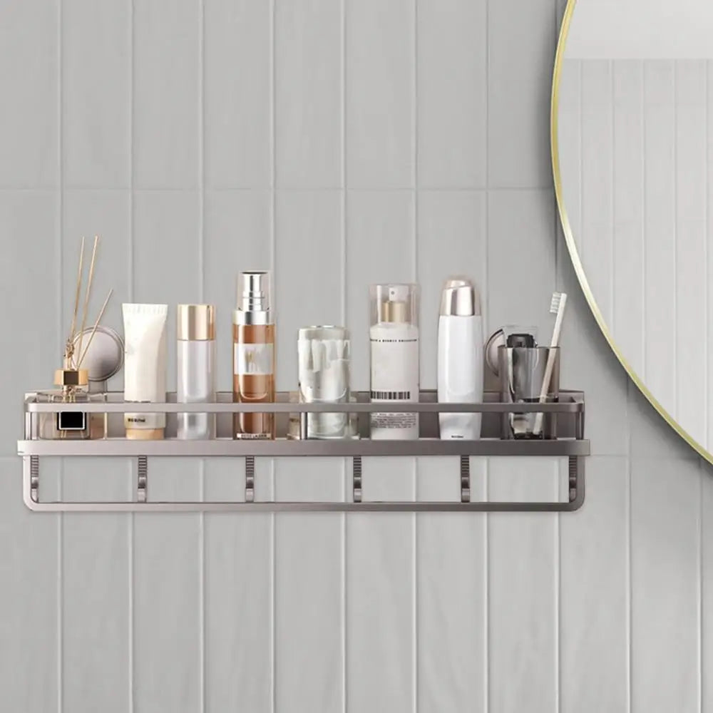 Rustproof Wall-Mounted Shower Caddy – Heavy-Duty Bathroom Organizer with Suction Cups, Floating Shelf & Towel Hooks