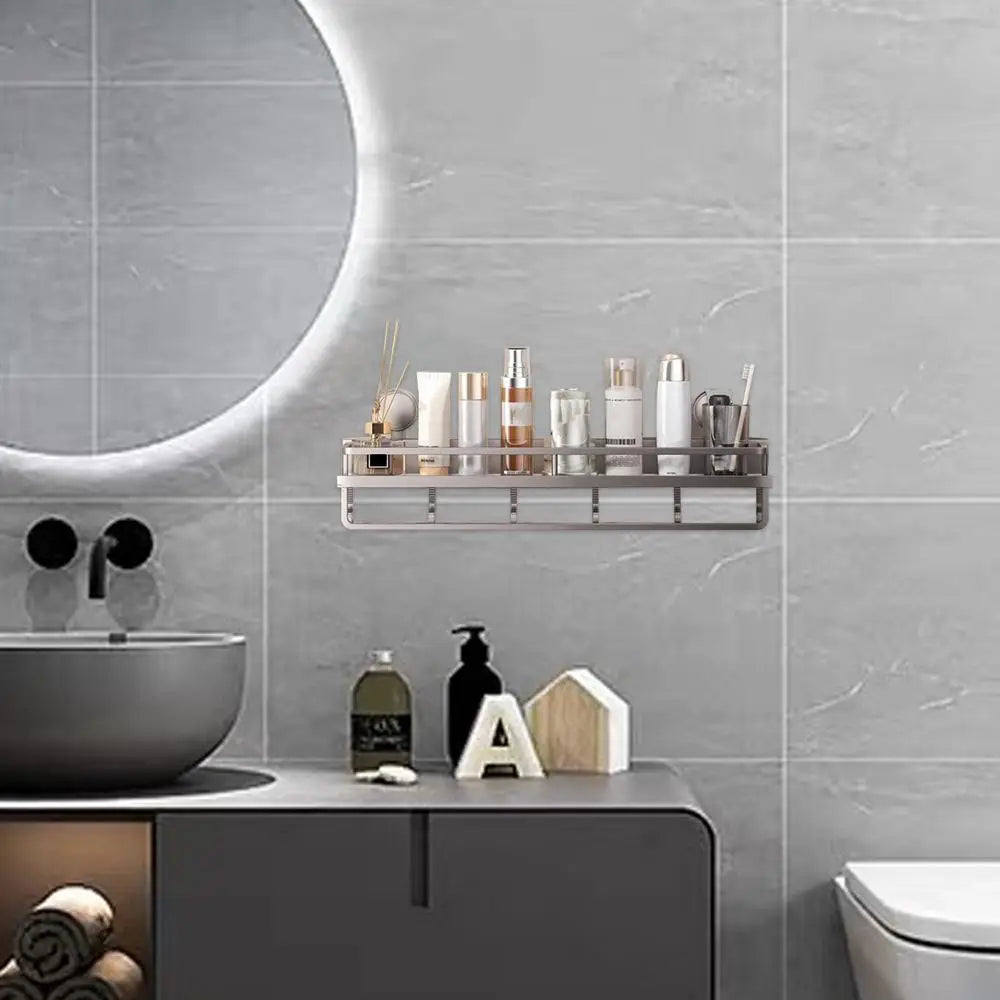 Rustproof Wall-Mounted Shower Caddy – Heavy-Duty Bathroom Organizer with Suction Cups, Floating Shelf & Towel Hooks
