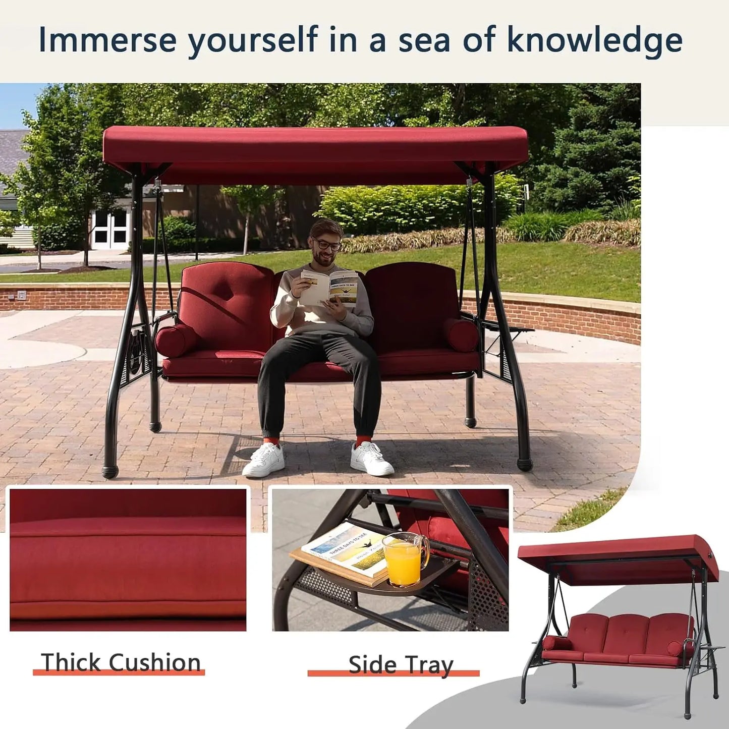 NOBLEMOOD Patio Porch Swing – 3-Seater Outdoor Swing featuring an Adjustable Canopy , patio swing Cushions, and Foldable Side Trays in Khaki ,