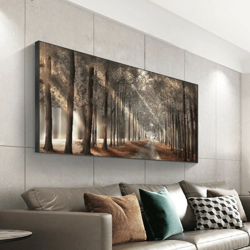 HD Giclee Printed Framed Canvas Artwork – Fall Scenery Panorama Forest Wall Decor, 40x80cm Lithograph-Style Wall Hanging for Home.