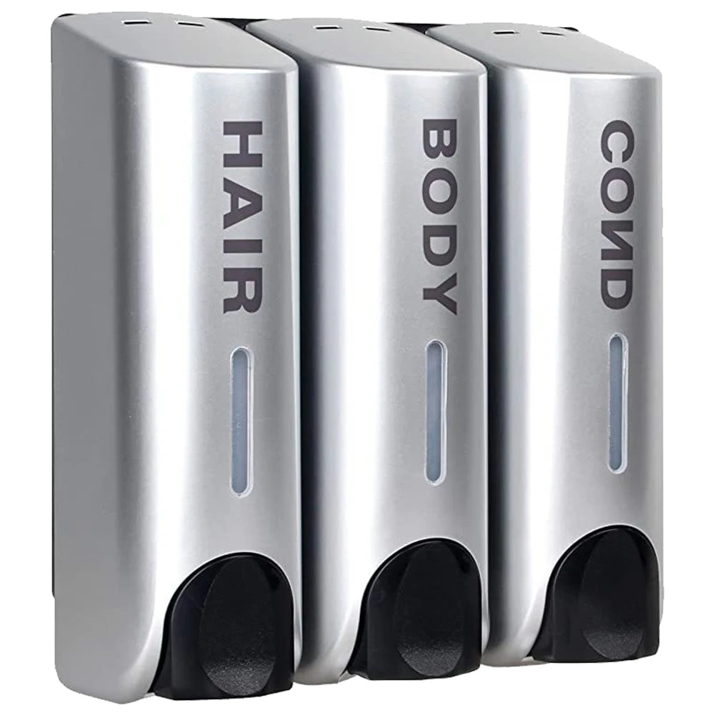 Luxury Bath Accessories: Wall-Mount Triple Soap Dispenser (350ml Each) for Shower, Bath, and Shampoo – Stylish Liquid Soap Container for Home Bathrooms