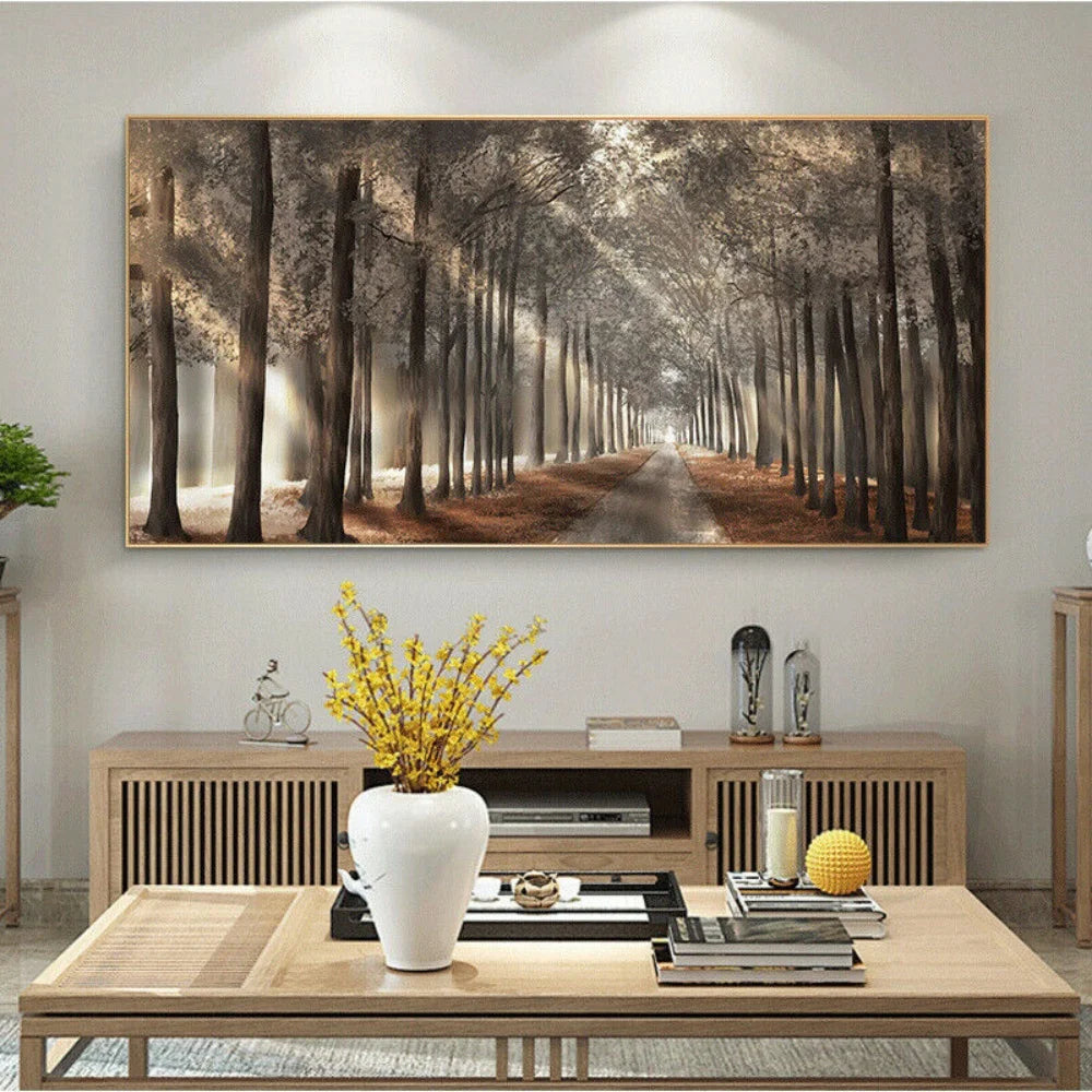 HD Giclee Printed Framed Canvas Artwork – Fall Scenery Panorama Forest Wall Decor, 40x80cm Lithograph-Style Wall Hanging for Home.