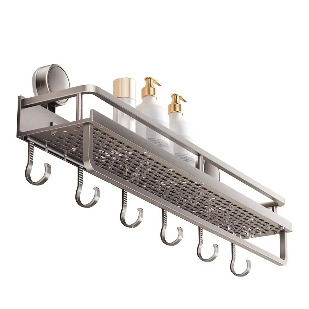 Rustproof Wall-Mounted Shower Caddy – Heavy-Duty Bathroom Organizer with Suction Cups, Floating Shelf & Towel Hooks