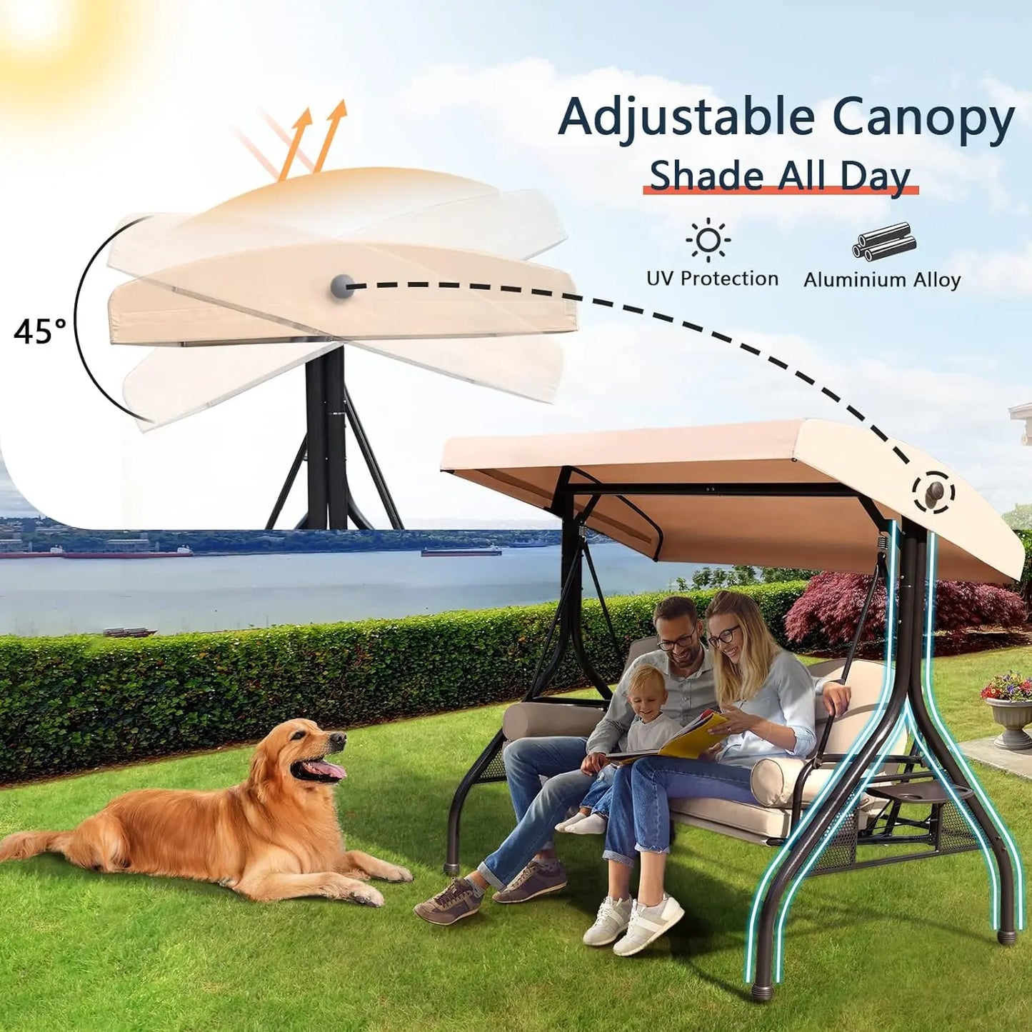 NOBLEMOOD Patio Porch Swing – 3-Seater Outdoor Swing featuring an Adjustable Canopy , patio swing Cushions, and Foldable Side Trays in Khaki ,