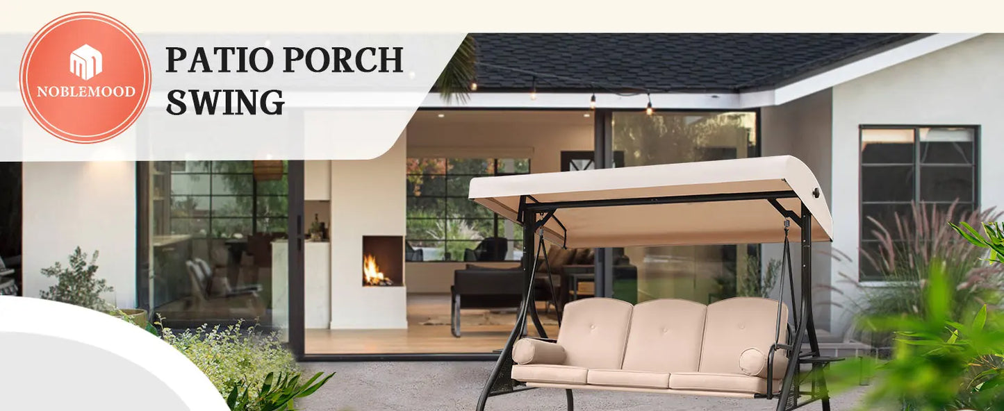 NOBLEMOOD Patio Porch Swing – 3-Seater Outdoor Swing featuring an Adjustable Canopy , patio swing Cushions, and Foldable Side Trays in Khaki ,