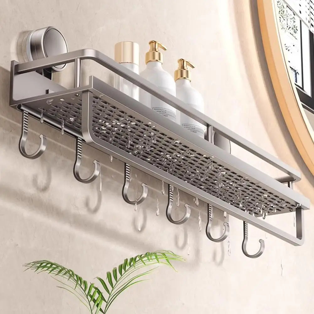 Rustproof Wall-Mounted Shower Caddy – Heavy-Duty Bathroom Organizer with Suction Cups, Floating Shelf & Towel Hooks