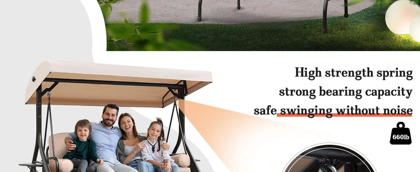NOBLEMOOD Patio Porch Swing – 3-Seater Outdoor Swing featuring an Adjustable Canopy , patio swing Cushions, and Foldable Side Trays in Khaki ,