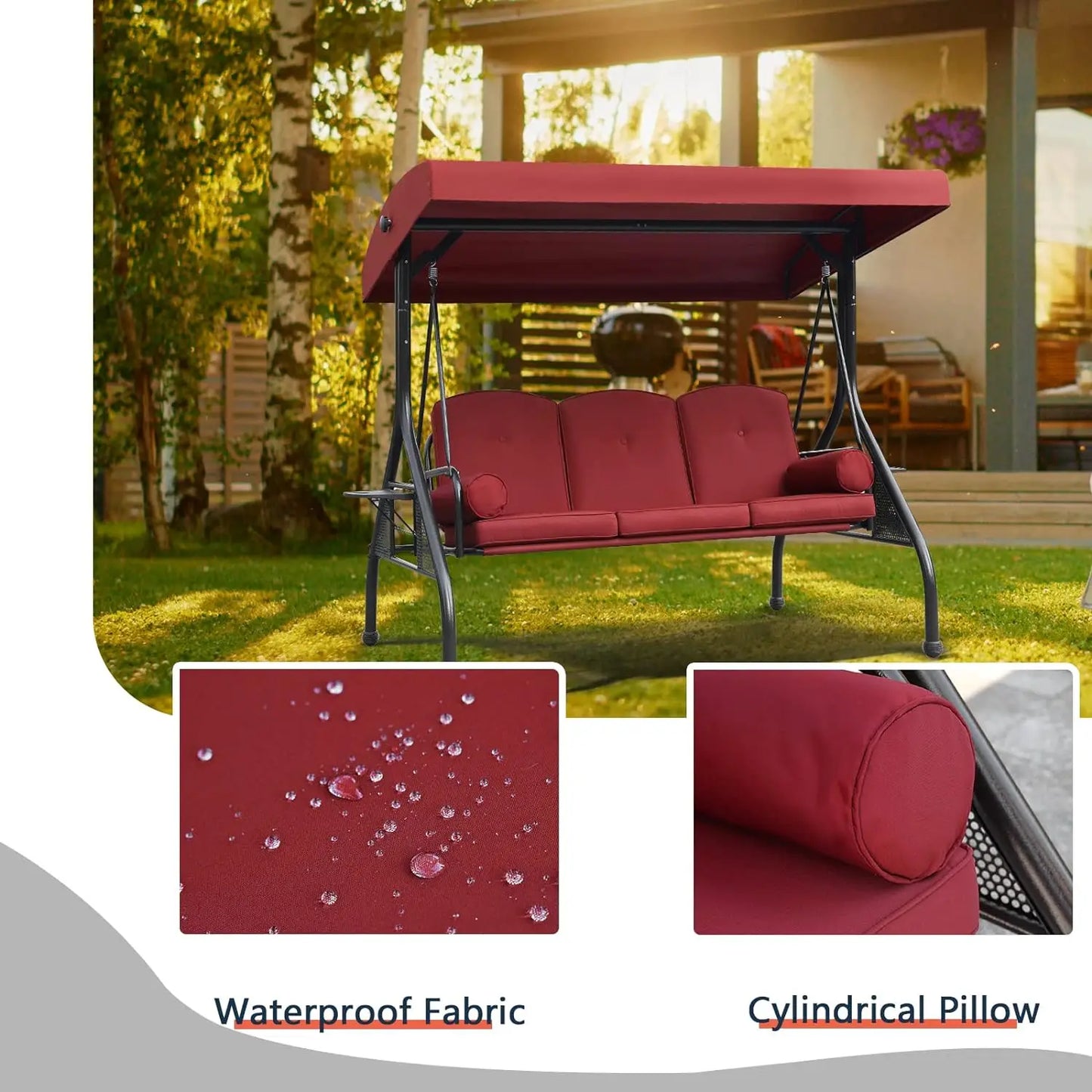 NOBLEMOOD Patio Porch Swing – 3-Seater Outdoor Swing featuring an Adjustable Canopy , patio swing Cushions, and Foldable Side Trays in Khaki ,