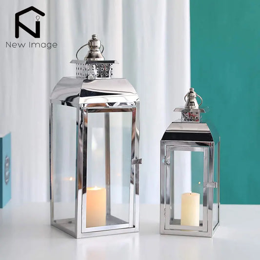 Set of 2 Vintage-Style Stainless Steel Candle Lanterns – Silver Metal Holders with Handles for Home Decor and Weddings