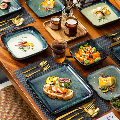 The Vancasso Stern 16-Piece Green Square Stoneware Dinnerware Set features a unique reactive glaze, providing service for four