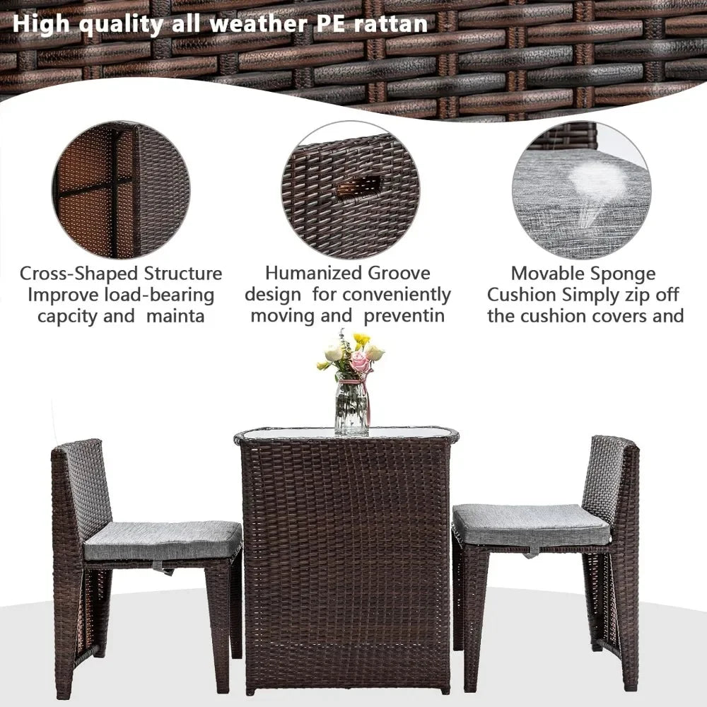3 piece wicker bistro set – Patio Furniture Set-for Small Spaces, Featuring a Glass Top Table and Dining Chairs, Ideal for Balconies , wicker patio bistro set