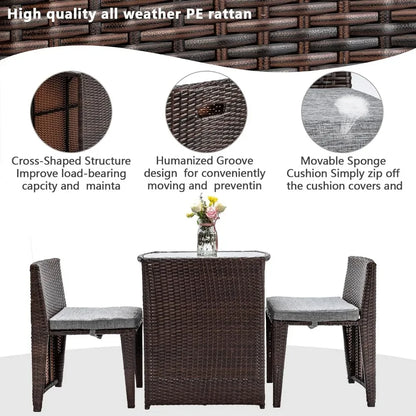 3 piece wicker bistro set – Patio Furniture Set-for Small Spaces, Featuring a Glass Top Table and Dining Chairs, Ideal for Balconies , wicker patio bistro set