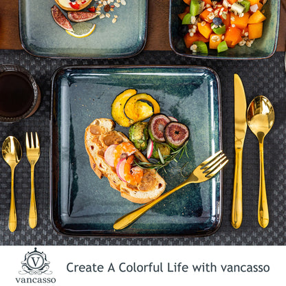 The Vancasso Stern 16-Piece Green Square Stoneware Dinnerware Set features a unique reactive glaze, providing service for four