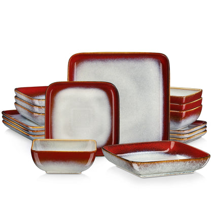 The Vancasso Stern 16-Piece Green Square Stoneware Dinnerware Set features a unique reactive glaze, providing service for four