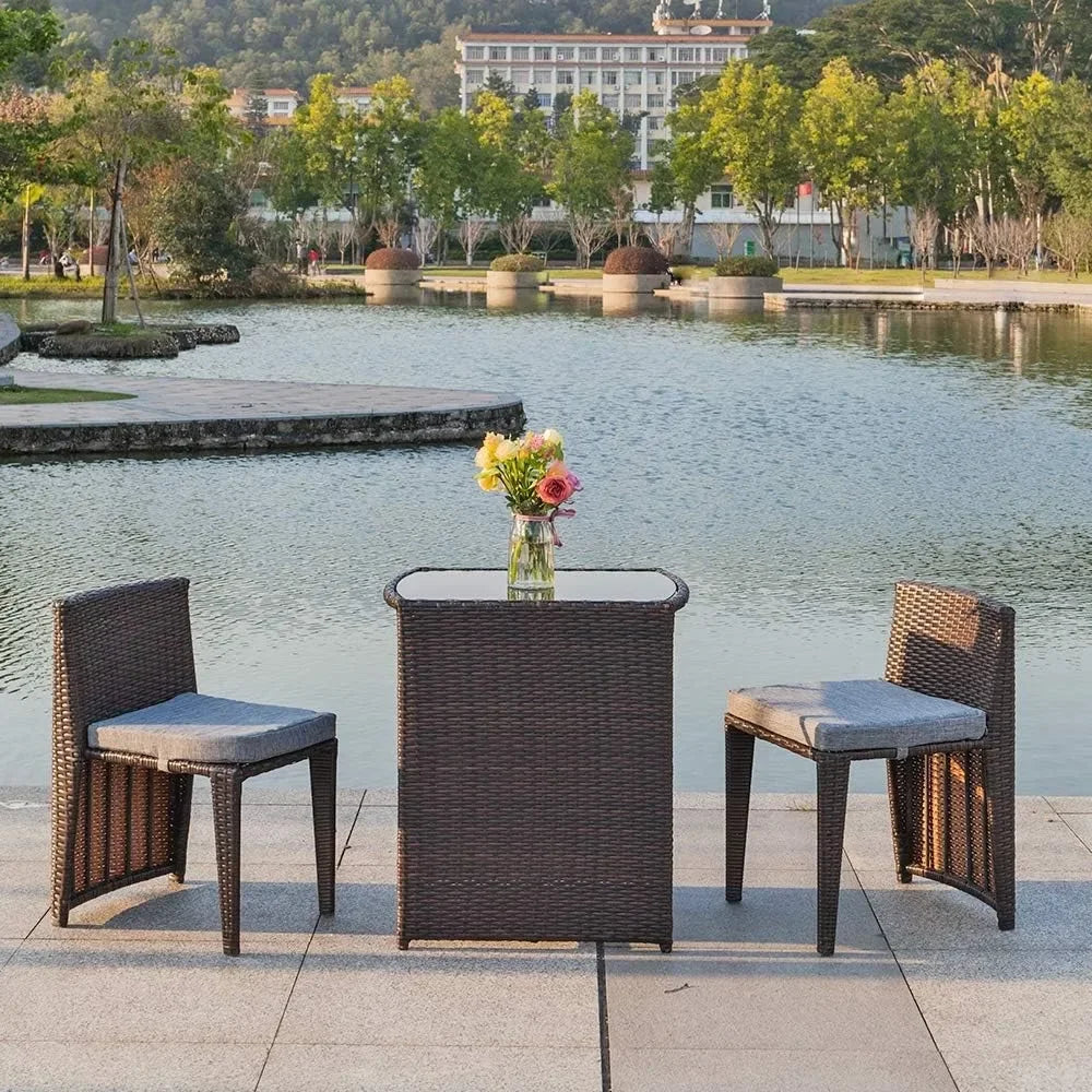 3 piece wicker bistro set – Patio Furniture Set-for Small Spaces, Featuring a Glass Top Table and Dining Chairs, Ideal for Balconies , wicker patio bistro set
