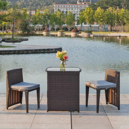 3 piece wicker bistro set – Patio Furniture Set-for Small Spaces, Featuring a Glass Top Table and Dining Chairs, Ideal for Balconies , wicker patio bistro set