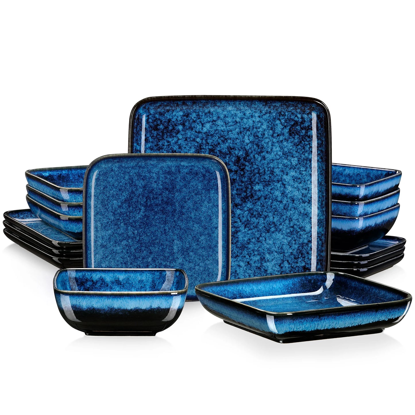 The Vancasso Stern 16-Piece Green Square Stoneware Dinnerware Set features a unique reactive glaze, providing service for four