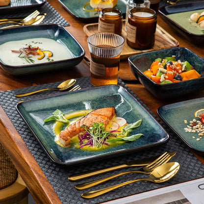 The Vancasso Stern 16-Piece Green Square Stoneware Dinnerware Set features a unique reactive glaze, providing service for four