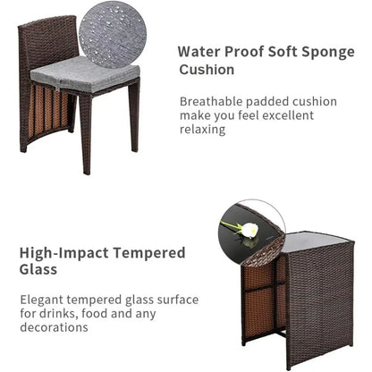 3 piece wicker bistro set – Patio Furniture Set-for Small Spaces, Featuring a Glass Top Table and Dining Chairs, Ideal for Balconies , wicker patio bistro set