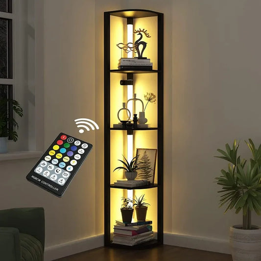 Modern Corner Shelf with Lighting, Floor Lamp with Storage Shelves for Home Décor and Collectibles