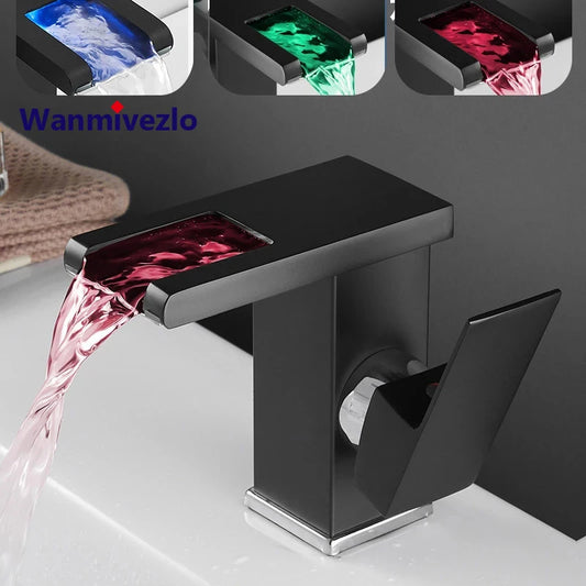 LED Waterfall Faucet for Bathroom Sink, Hydropower Basin Mixer Tap, Deck-Mounted Solid Brass Luminous Washbasin Faucet