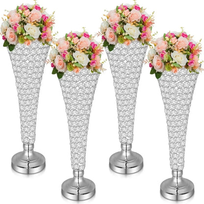 Set of 4 Crystal Vases For Flowers – Wrought Iron Crystal Flower Stand Centerpieces for Wedding and Party Table Decor , Waterford Flower Vase , Gold Flower Stand , Flower Stand Centerpieces