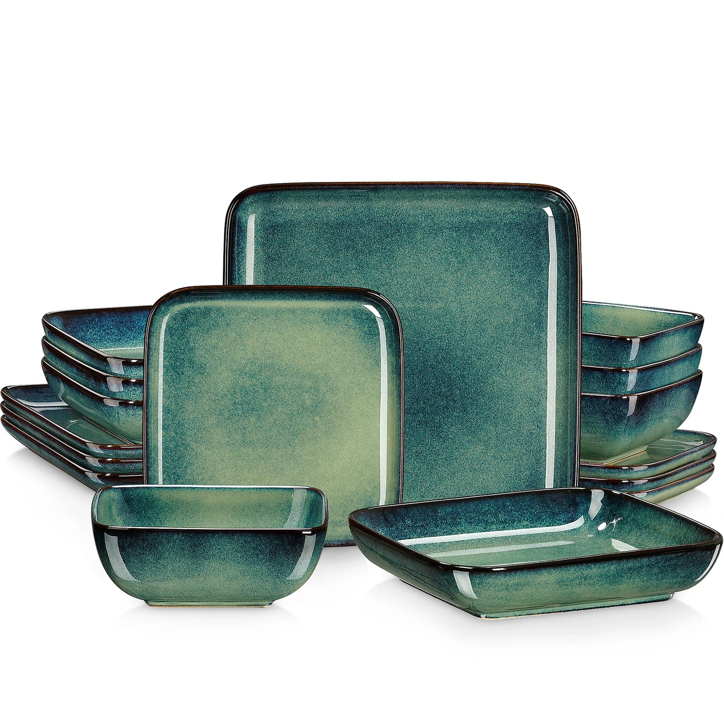 The Vancasso Stern 16-Piece Green Square Stoneware Dinnerware Set features a unique reactive glaze, providing service for four
