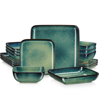 The Vancasso Stern 16-Piece Green Square Stoneware Dinnerware Set features a unique reactive glaze, providing service for four