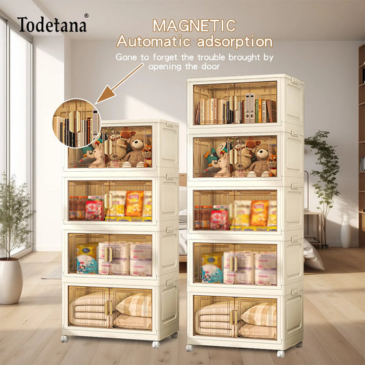 Large-Capacity Plastic Folding Storage Cabinet with Lid and Wheels – Stackable Home Organizer for Clothes, Toys, and Kitchen Essentials