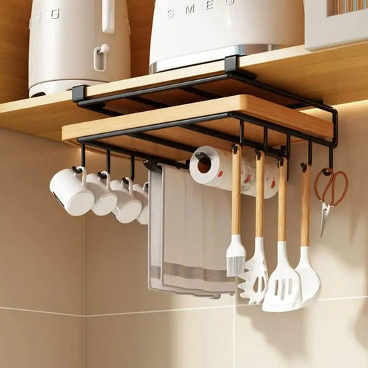 Multi-Function Under-Shelf Metal Hanging Hooks – Cup, Mug, Cutting Board, Towel & Tissue Storage Rack
