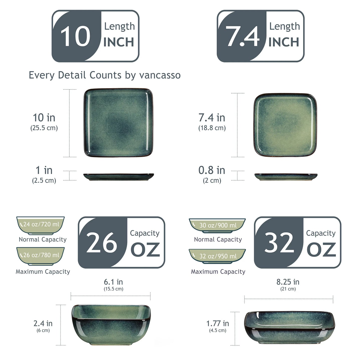 The Vancasso Stern 16-Piece Green Square Stoneware Dinnerware Set features a unique reactive glaze, providing service for four