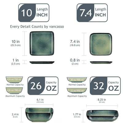 The Vancasso Stern 16-Piece Green Square Stoneware Dinnerware Set features a unique reactive glaze, providing service for four
