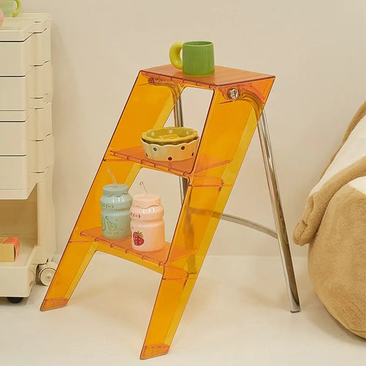 New Acrylic Transparent Folding Household Stepladder – Thickened 3-Step Indoor Herringbone Design with Storage