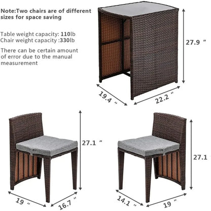 3 piece wicker bistro set – Patio Furniture Set-for Small Spaces, Featuring a Glass Top Table and Dining Chairs, Ideal for Balconies , wicker patio bistro set