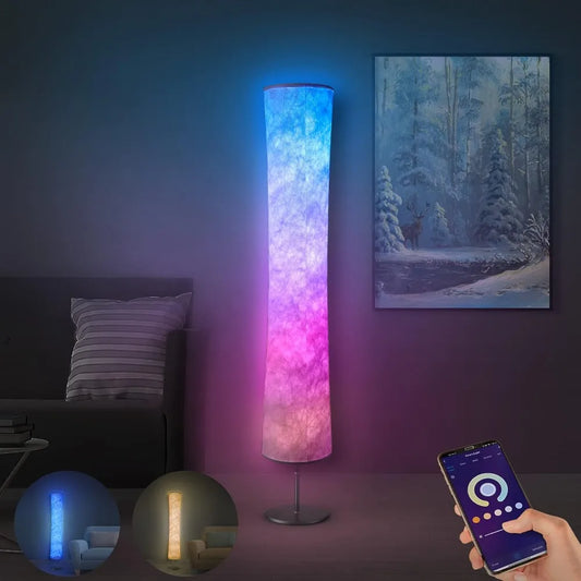 Modern RGB LED Floor Lamp with Alexa App Control, DIY Mode, Music Sync, and White Fabric Shade for Bedroom